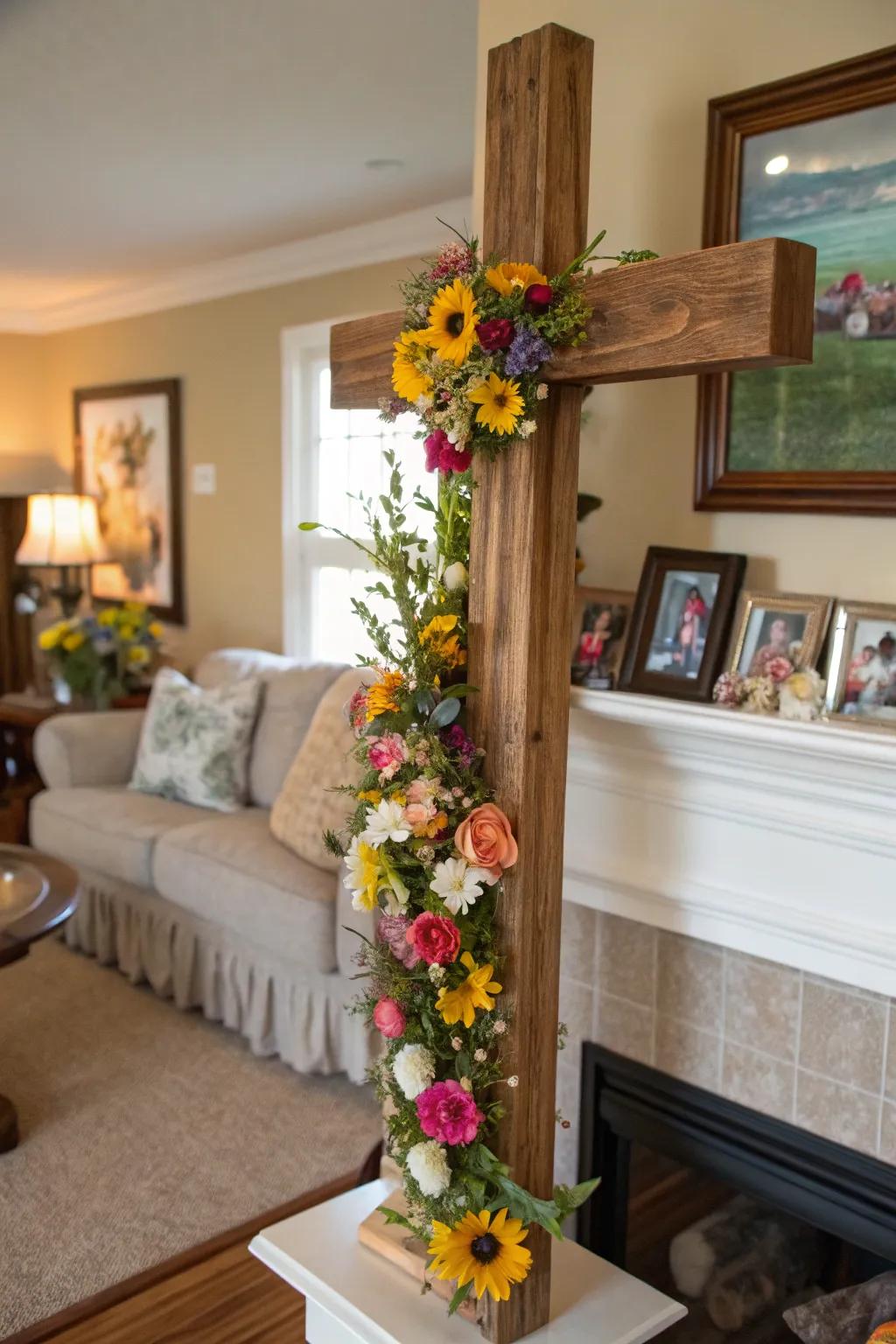 A wooden cross beautifully adorned with fresh spring flowers