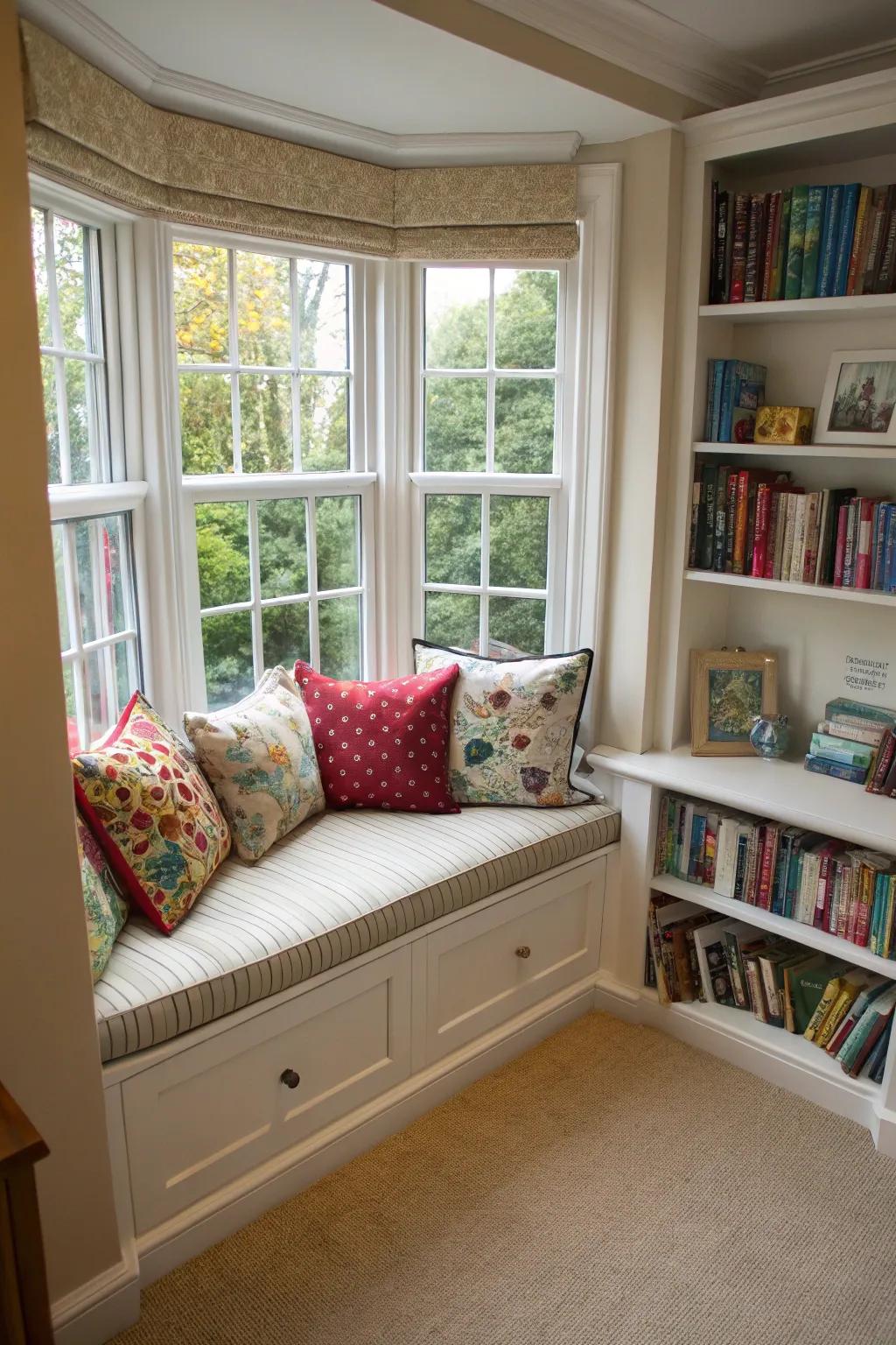 A welcoming reading nook nestled in a curved bay window.