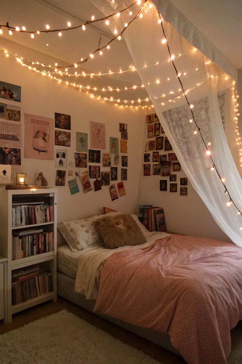 String lights adding a magical glow to a teen's room.