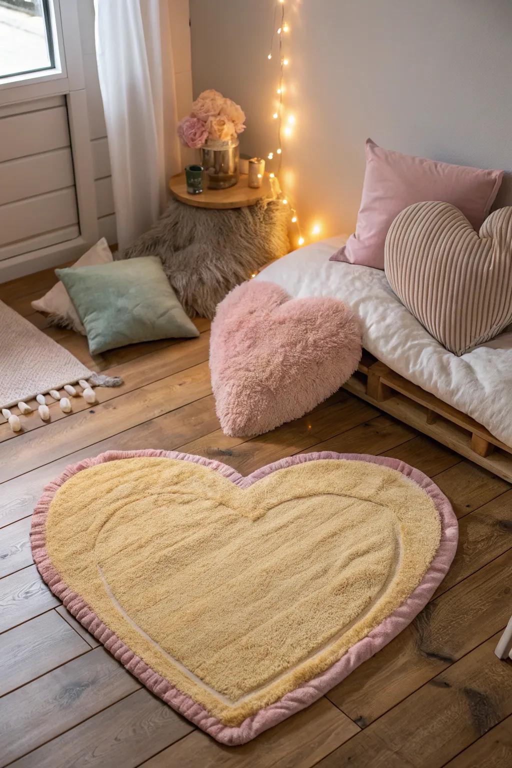 Add a playful touch with a heart-shaped rug.