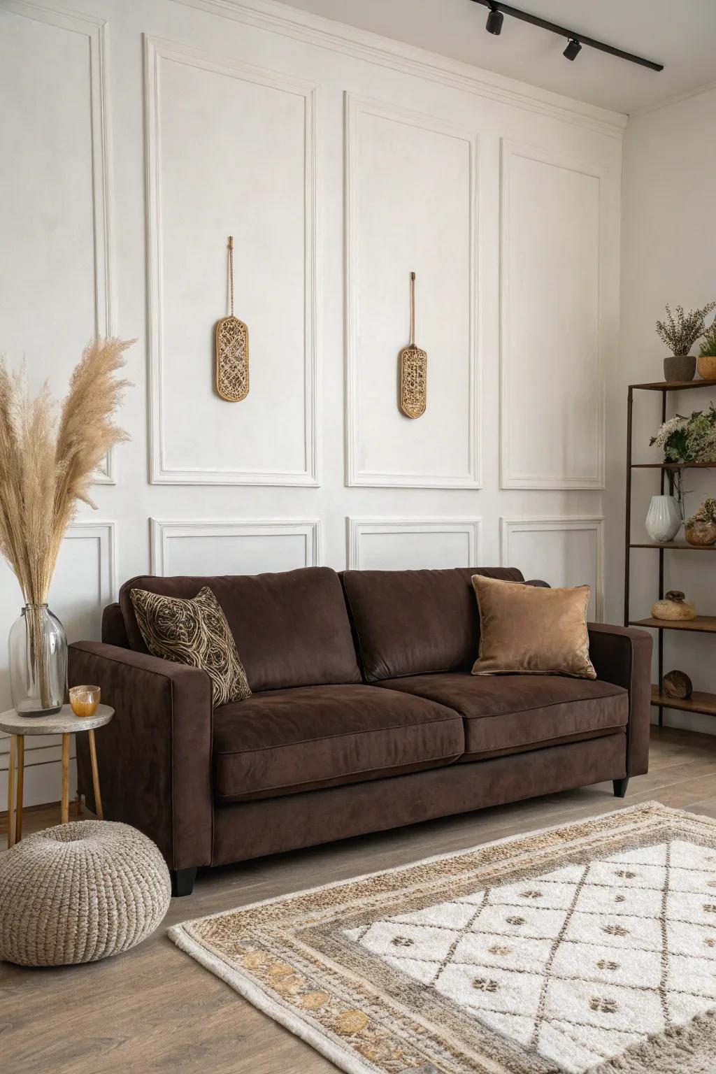 Neutral tones ensure your dark brown couch remains the star of the room.