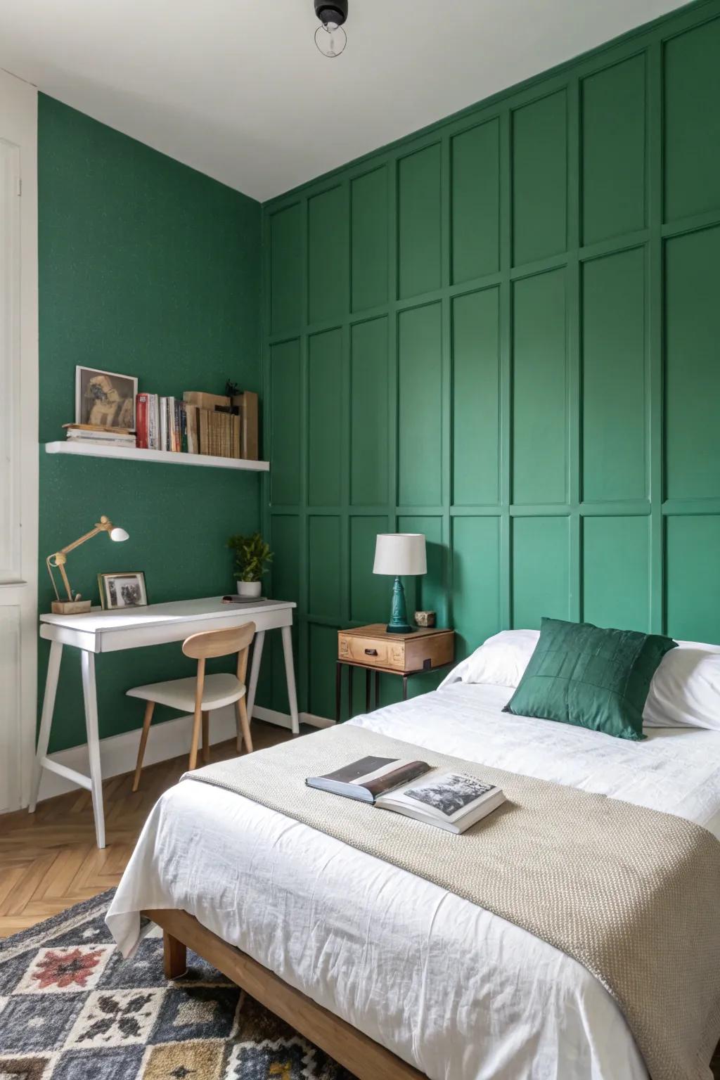 A bedroom featuring an emerald green accent wall with minimalist decor.