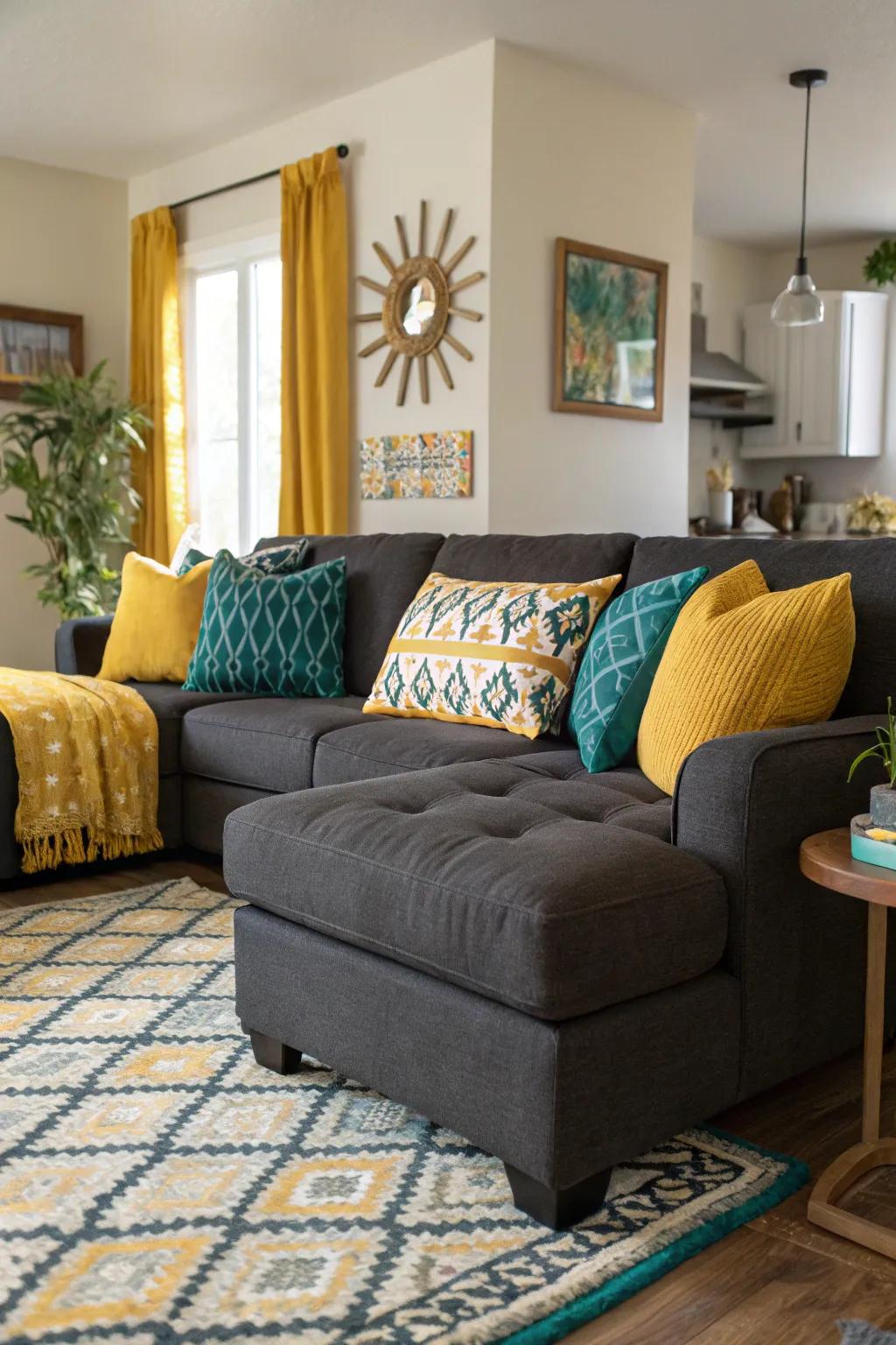 Bold accent colors can transform your dark grey sectional.