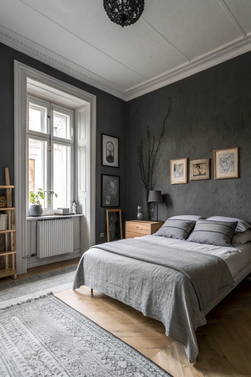 A bedroom with charcoal walls and light gray accents for a moody yet balanced look.