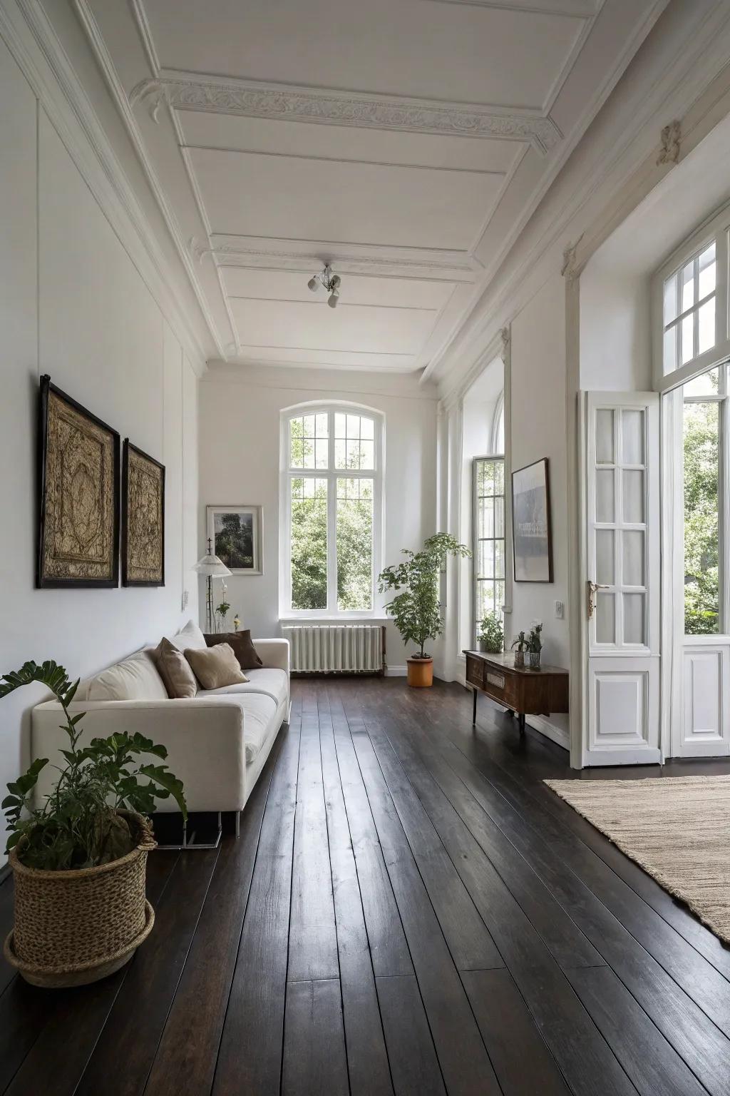 A minimalist living room where dark wood floors meet crisp white walls.