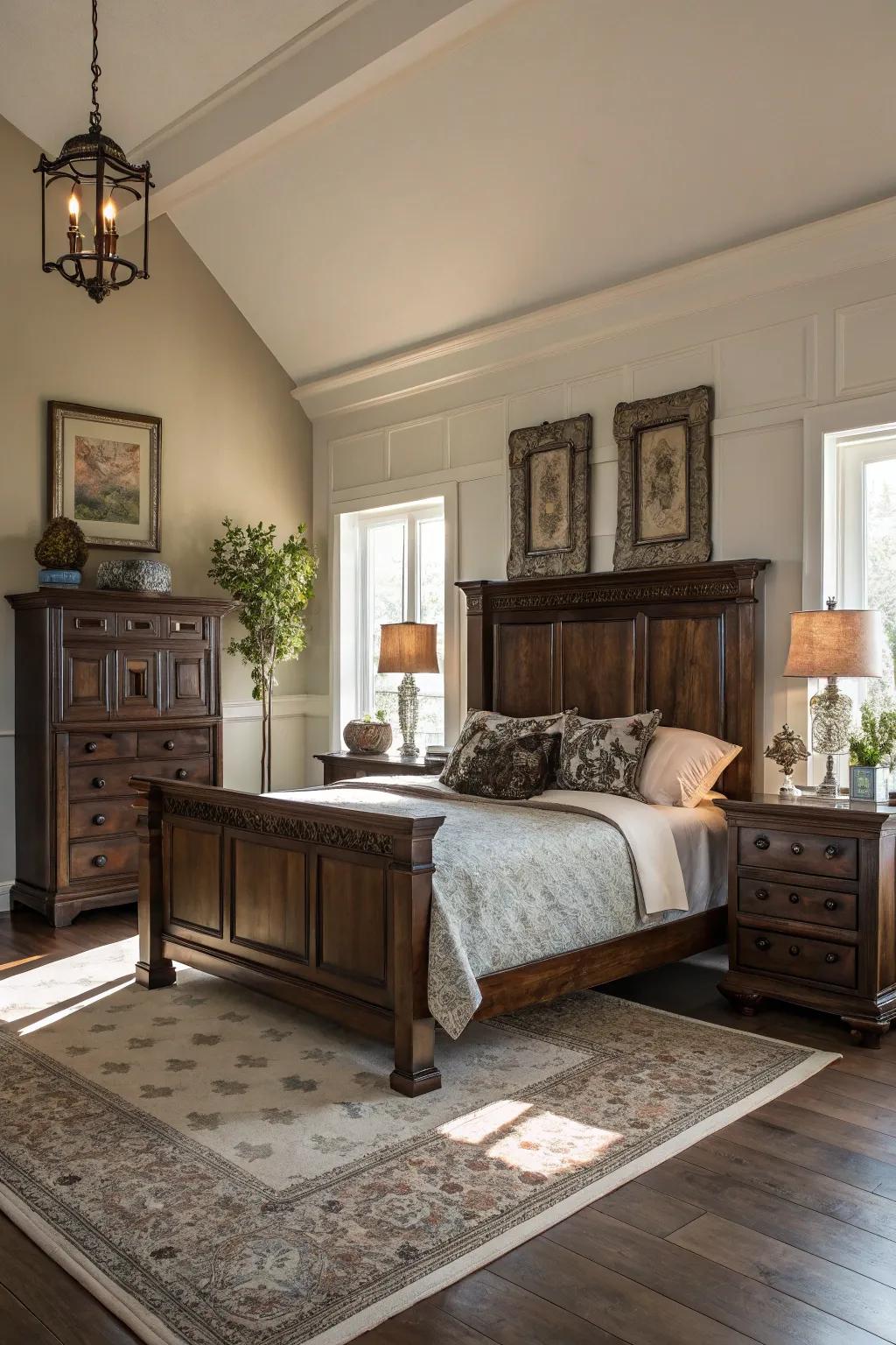 Light walls beautifully contrast with dark wood furniture.