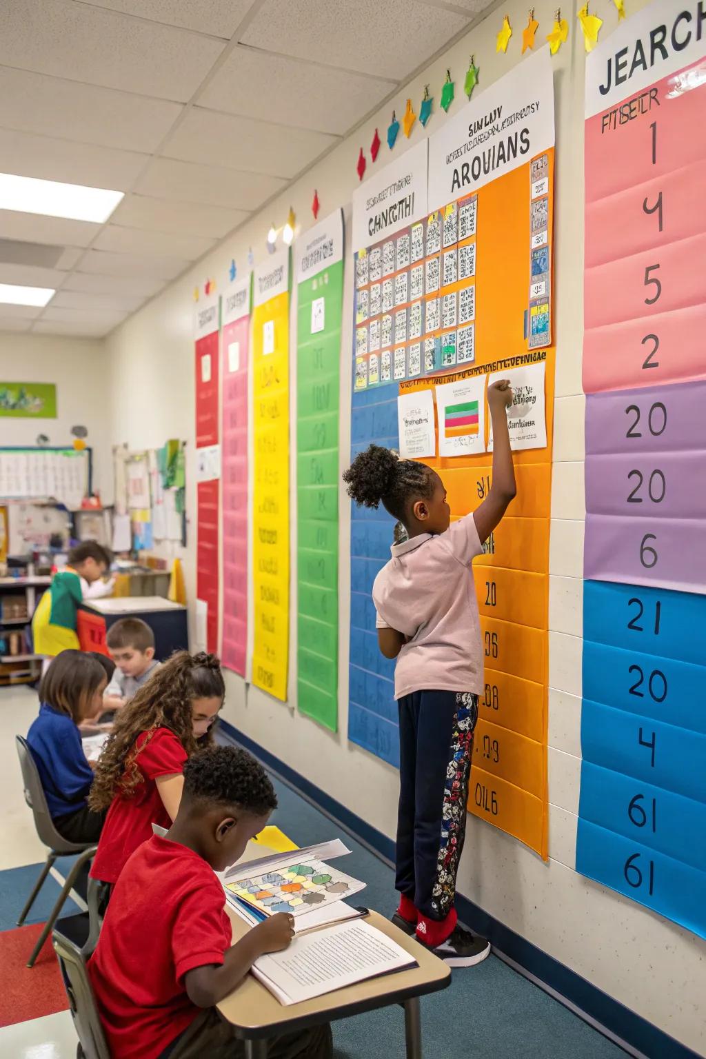 A data wall with color-coded sections showcasing different achievement levels.