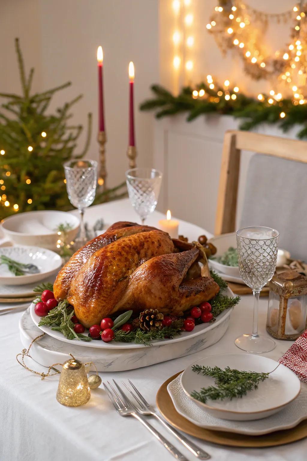 A classic roast turkey centerpiece for a festive December feast.