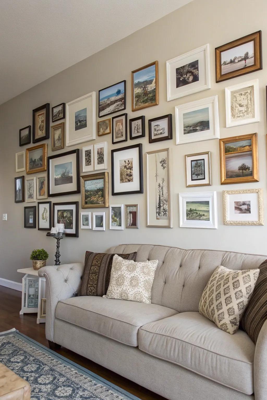 A gallery wall that showcases a creative mix of picture frames for a personalized decor statement.