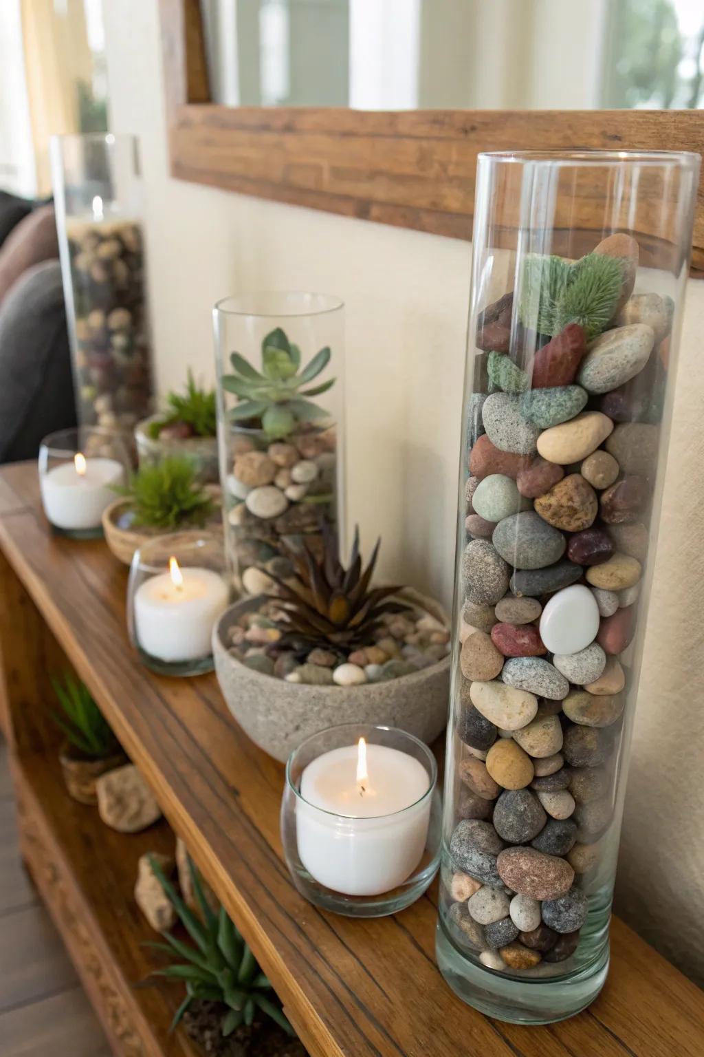 Transform ordinary glass jars into striking decor with pebbles and stones.