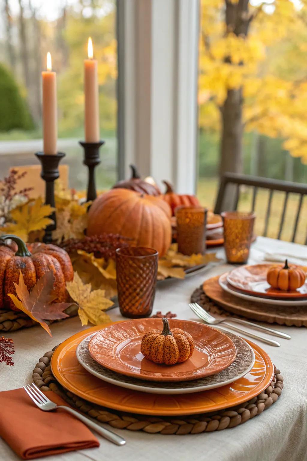 Autumn-inspired charger plates with pumpkin accents.