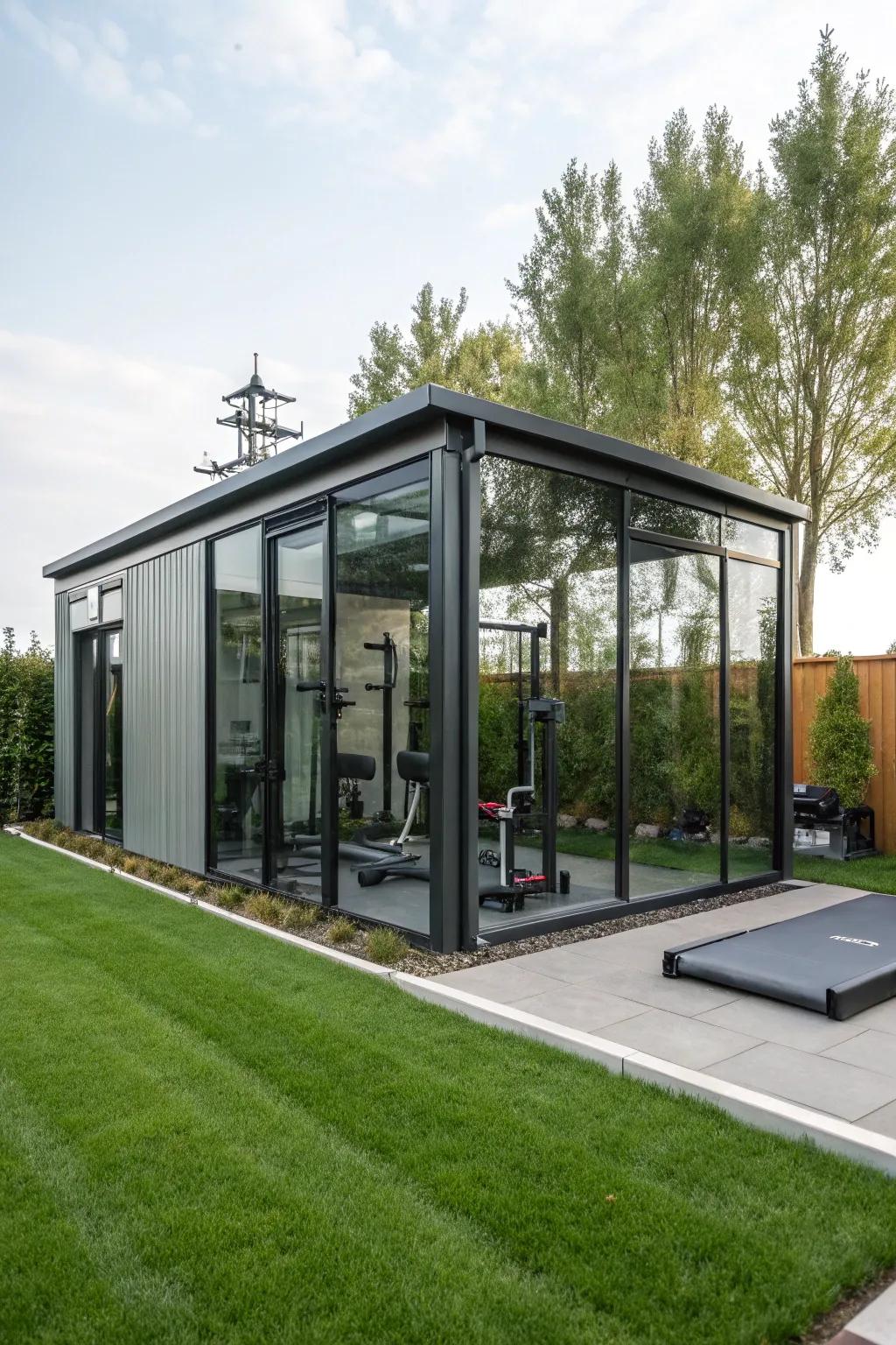 A sleek, standalone gym structure offering a private and focused workout environment.
