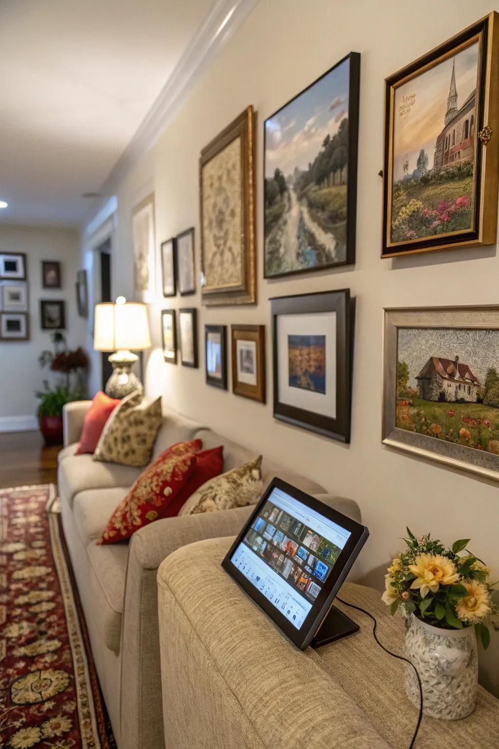 A stunning gallery wall blending digital and traditional art.