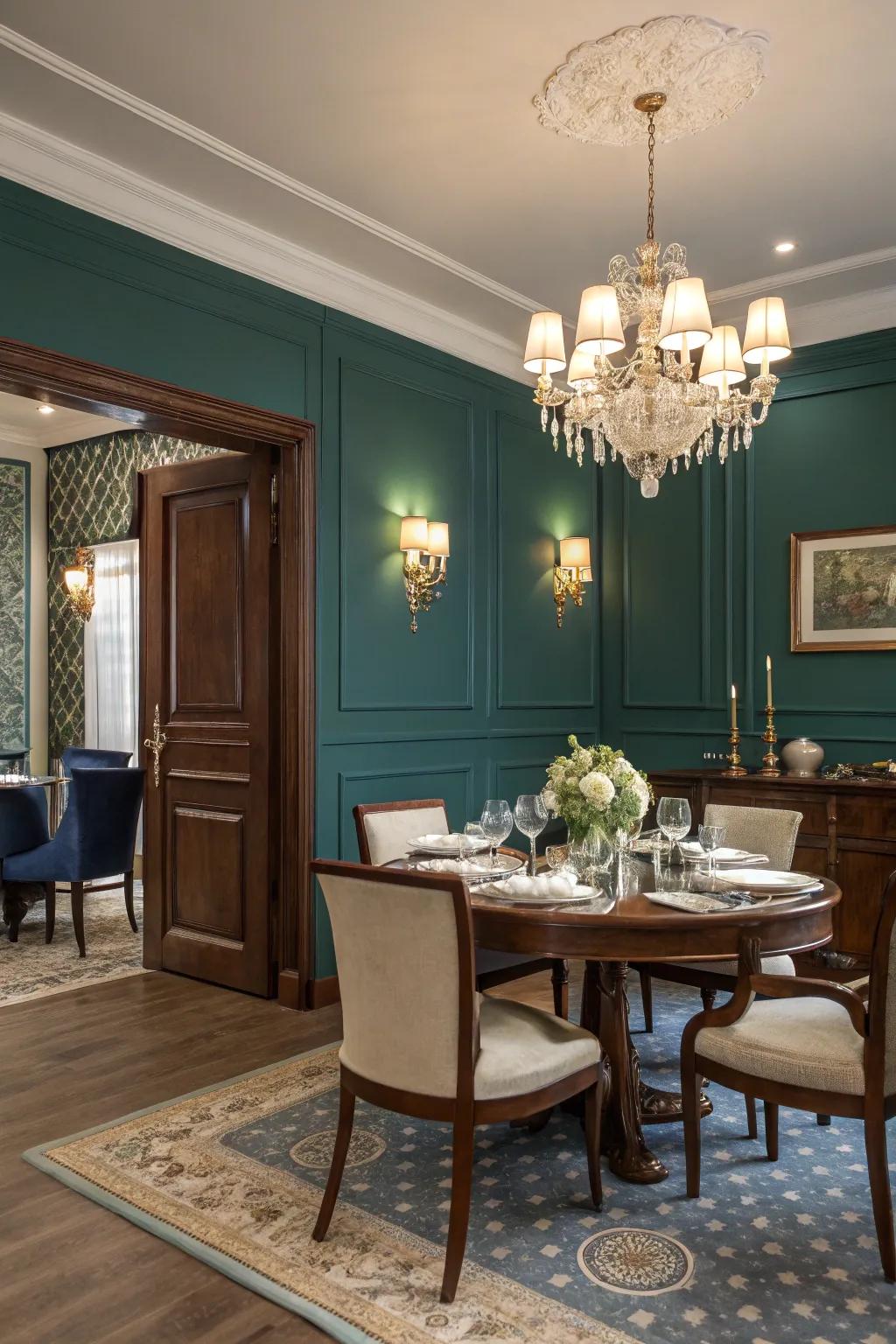 A dining room enveloped in calming blues and greens, creating a serene atmosphere.