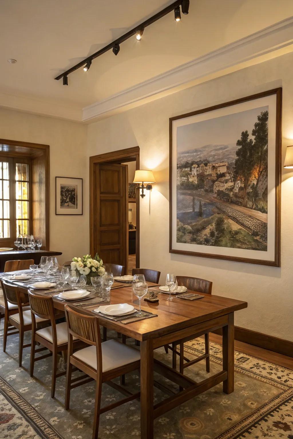 A large framed art print adds personality to this dining room.