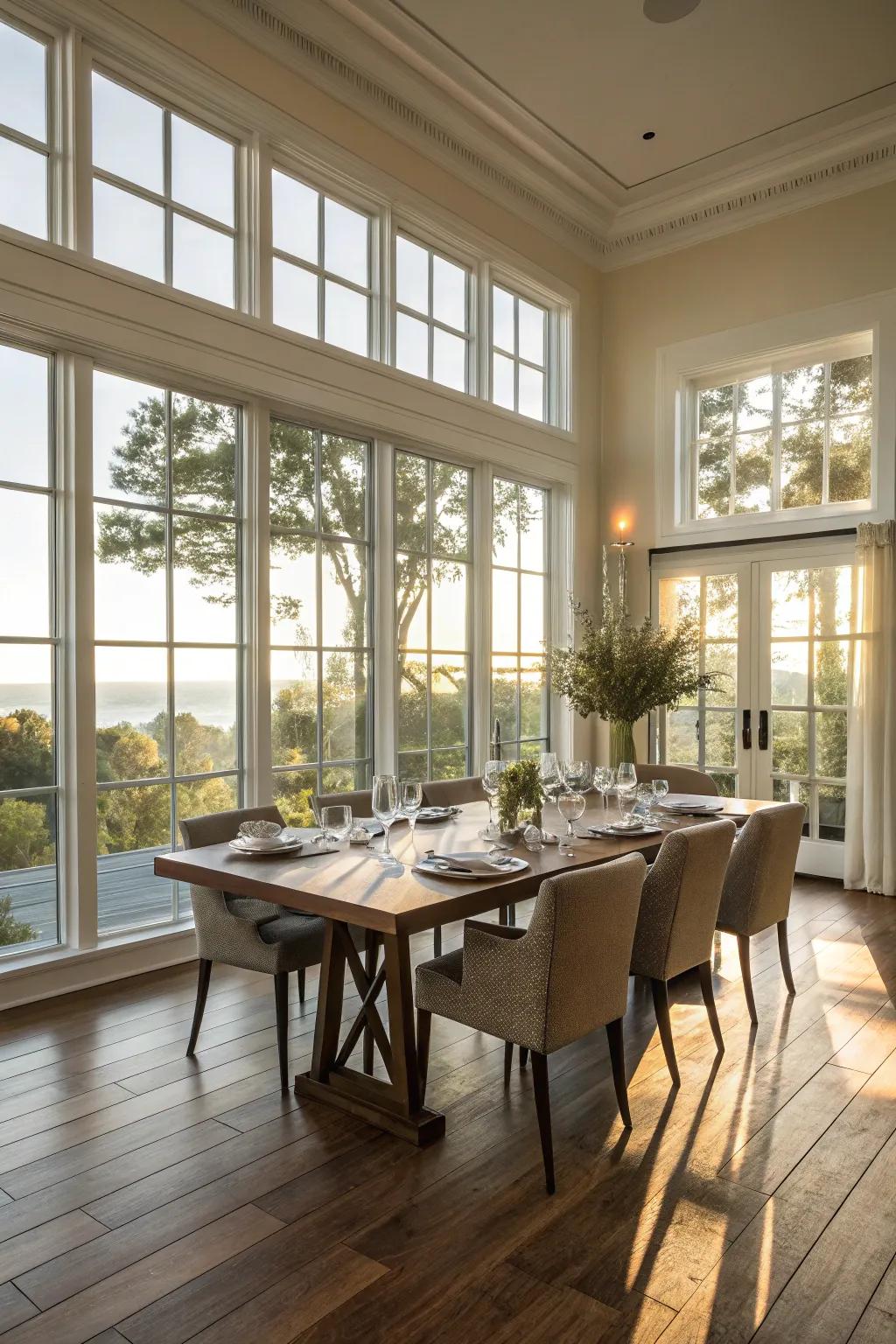 Large windows invite natural light to illuminate your dining space.