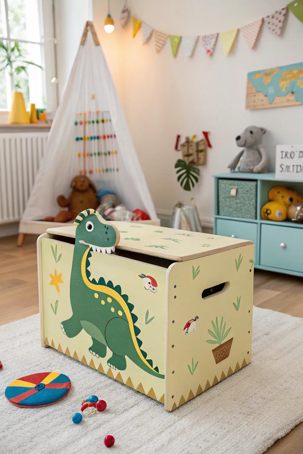 A playful dinosaur-shaped toy chest perfect for storing toys.