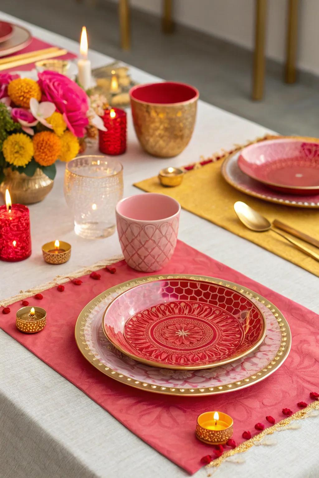 A Diwali table setting featuring a vibrant color palette of red, gold, and pink.