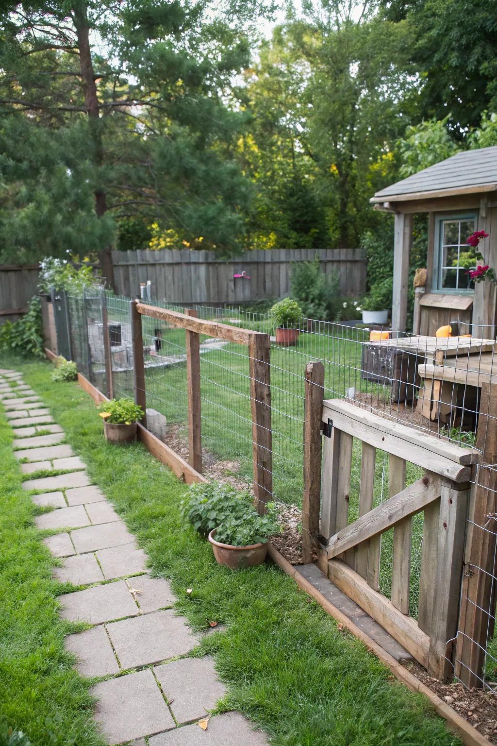 A rustic wood and wire fence that offers both visibility and security for your pet.