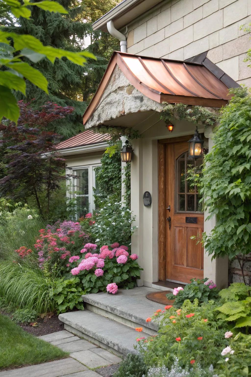 A luxurious copper awning that ages gracefully over time.