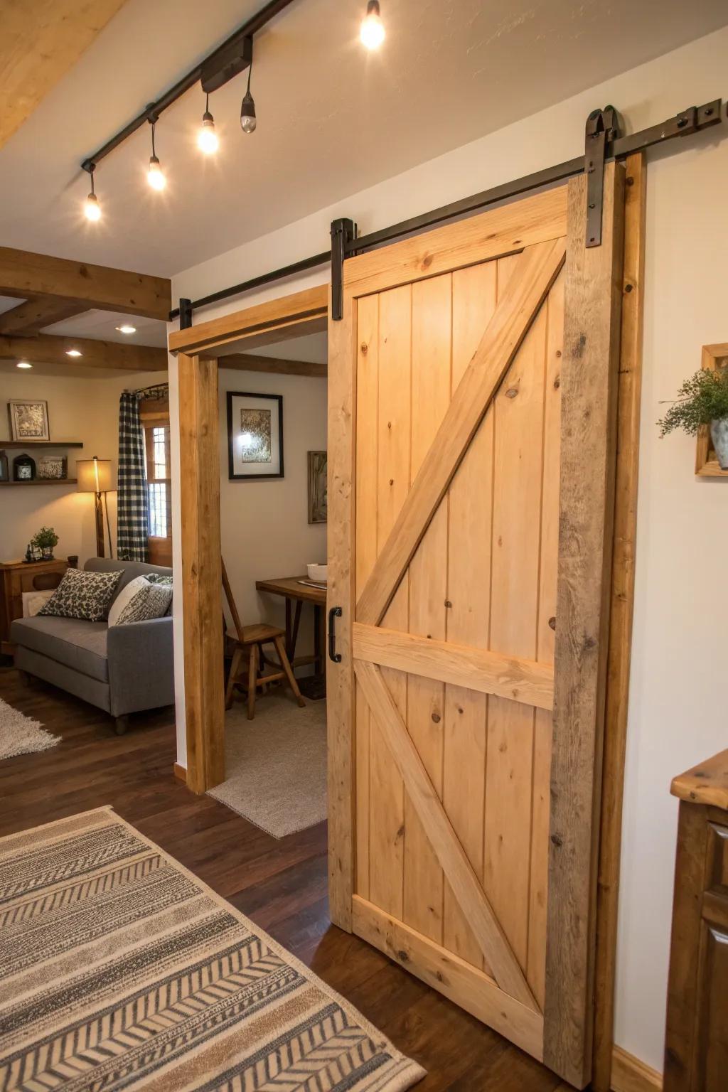 Sliding barn doors add rustic charm and save space.