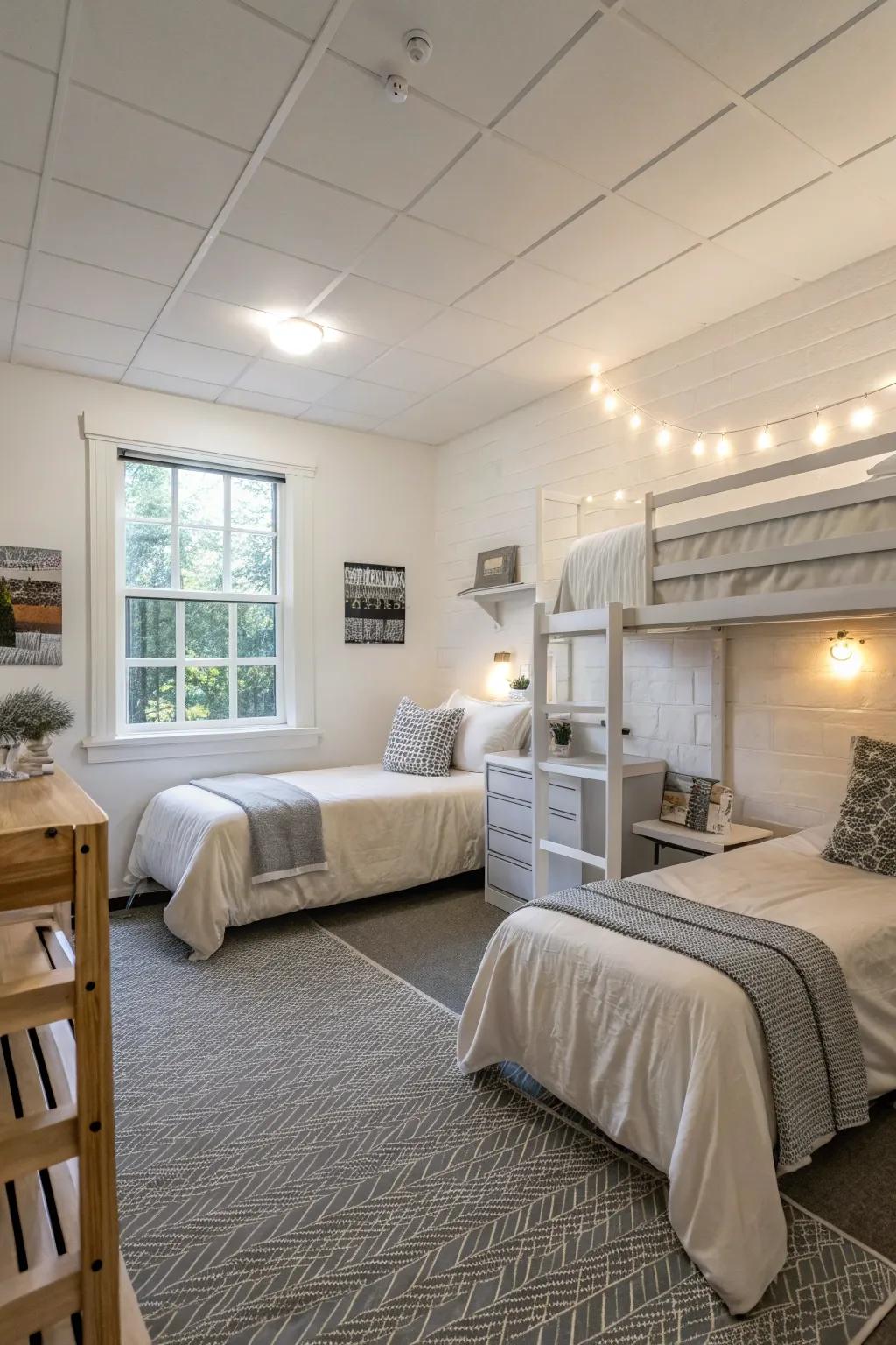 Neutral tones provide a calm and open feel in a small dorm room.