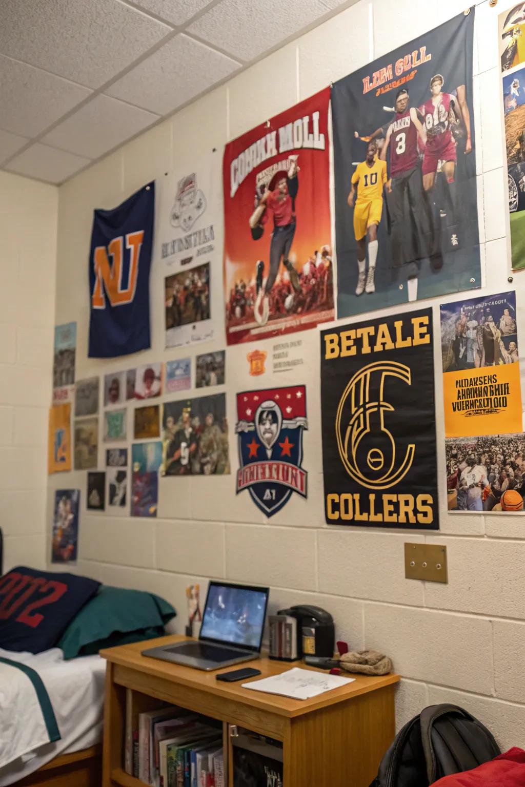 A dorm room wall adorned with sports and music posters, showcasing personal interests.