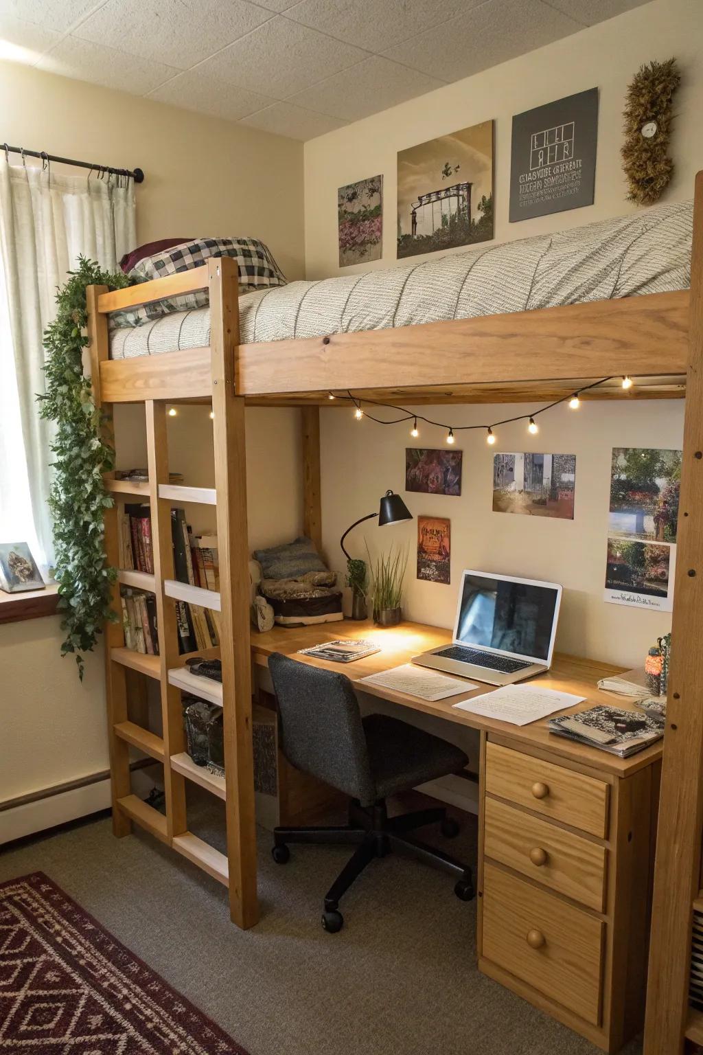 Lofted beds create more space and functionality in dorm rooms.