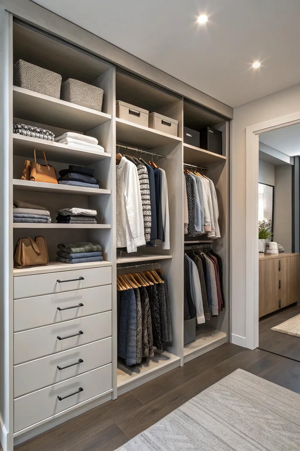 A double closet featuring a seamless blend of open shelving and hanging space for optimal organization.