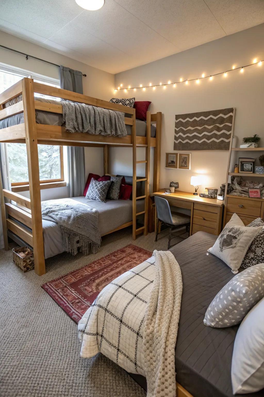 Lofted beds free up space for a versatile living area.