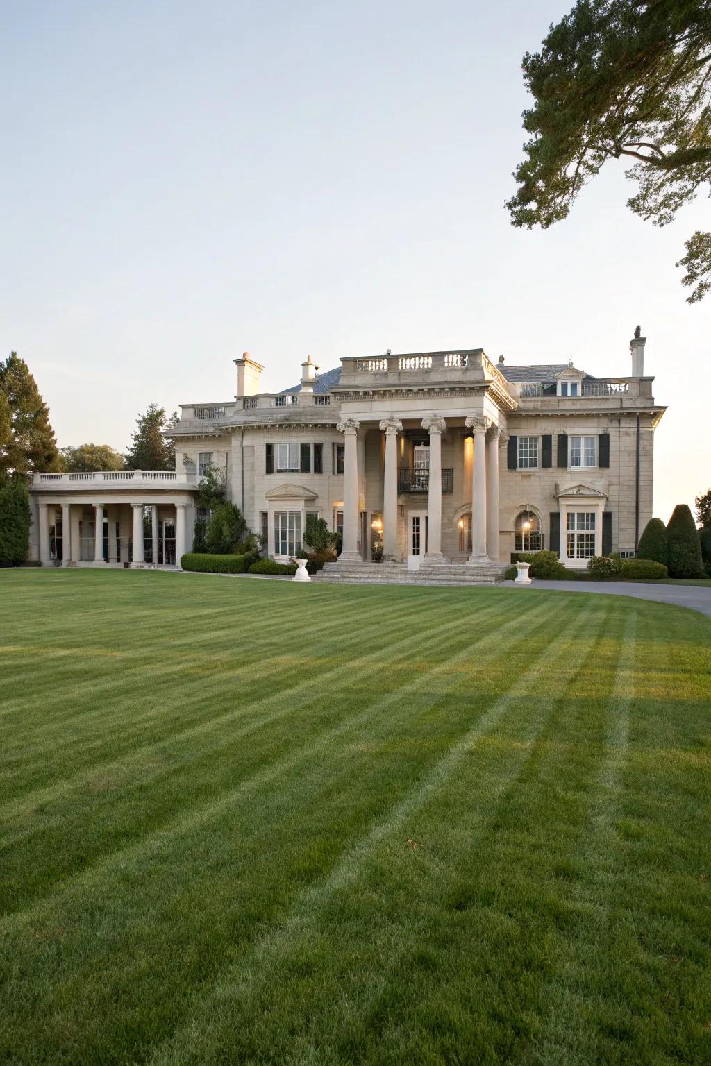 A stunning home with an elegant facade and spacious front yard.