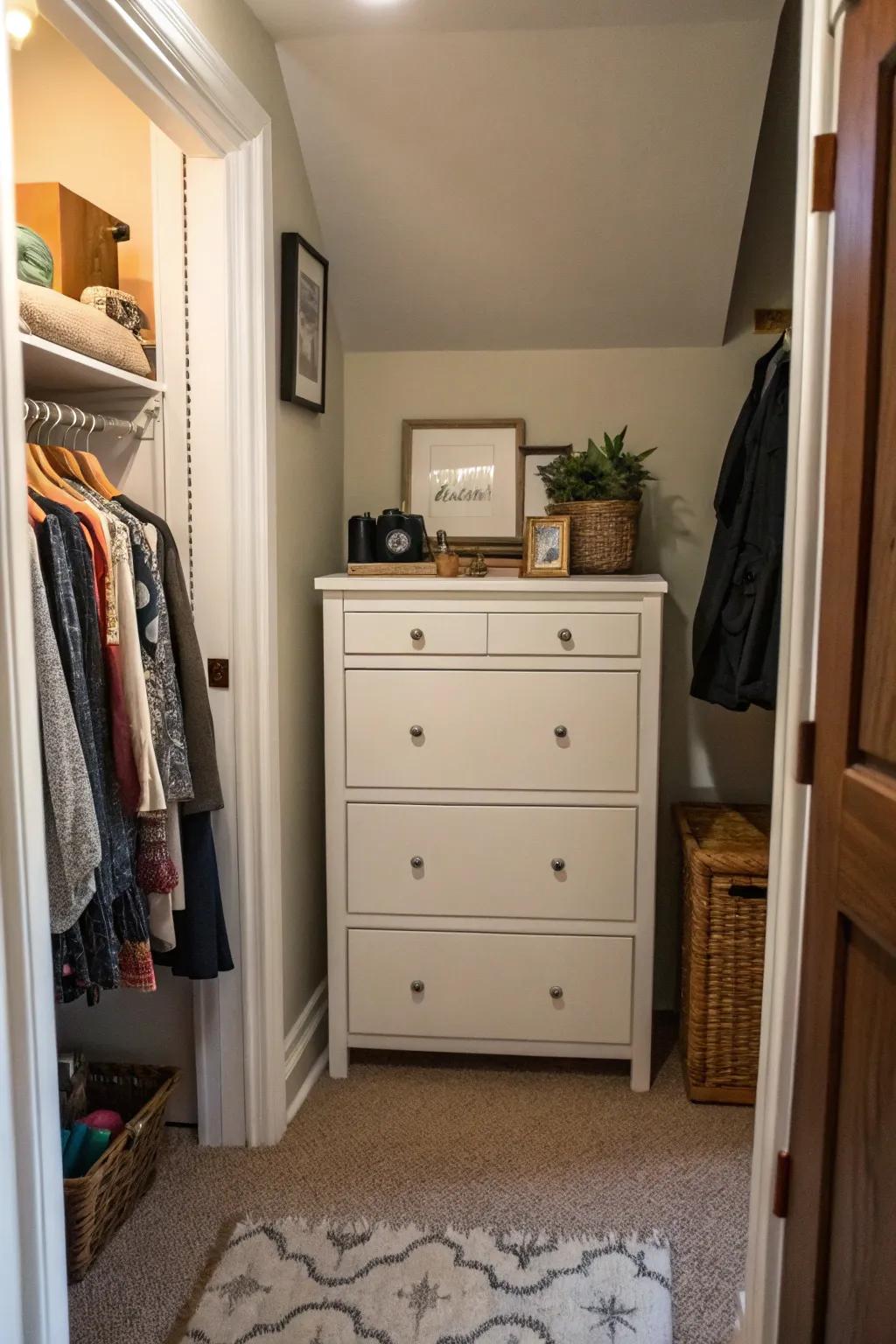 A compact dresser neatly tucked into a bedroom corner, offering ample storage with minimal footprint.