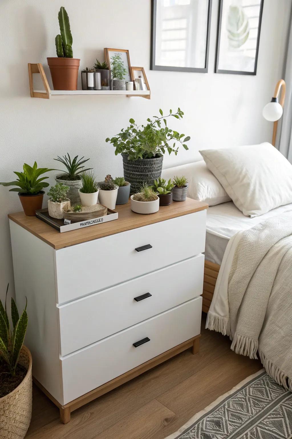 A collection of plants creates a natural escape on your dresser.