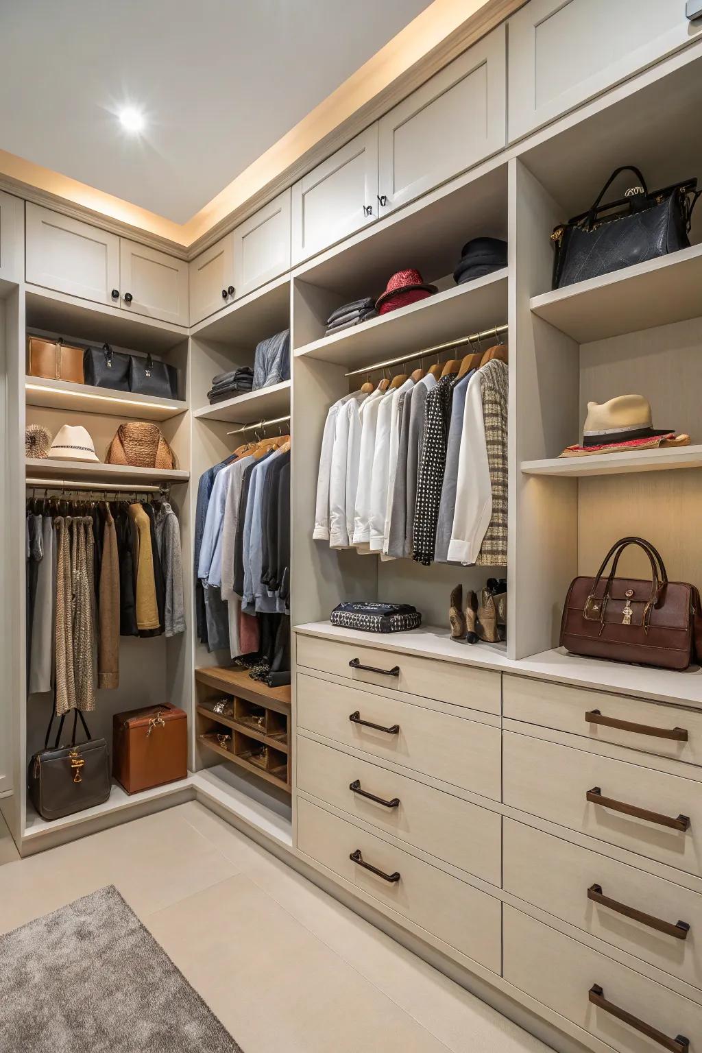 Custom cabinets maximize space and organization in any dressing room.