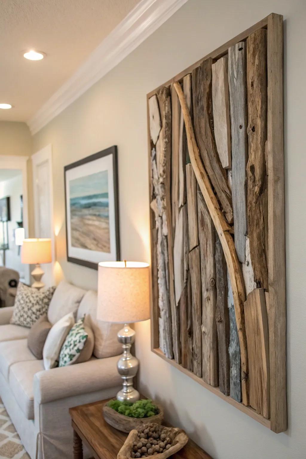 Driftwood wall art adds a natural touch to any space.