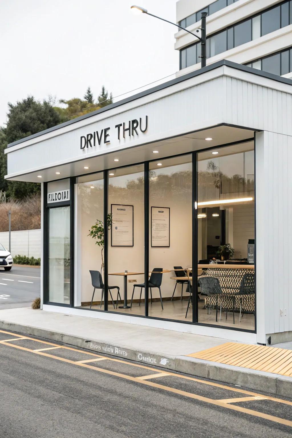 Minimalist drive-thru design with a clean and neutral aesthetic.