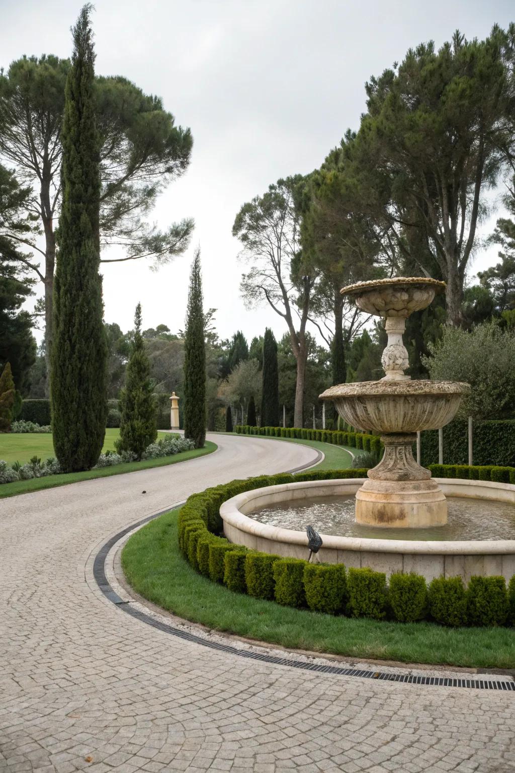 A circular driveway highlighted by a grand stone fountain.