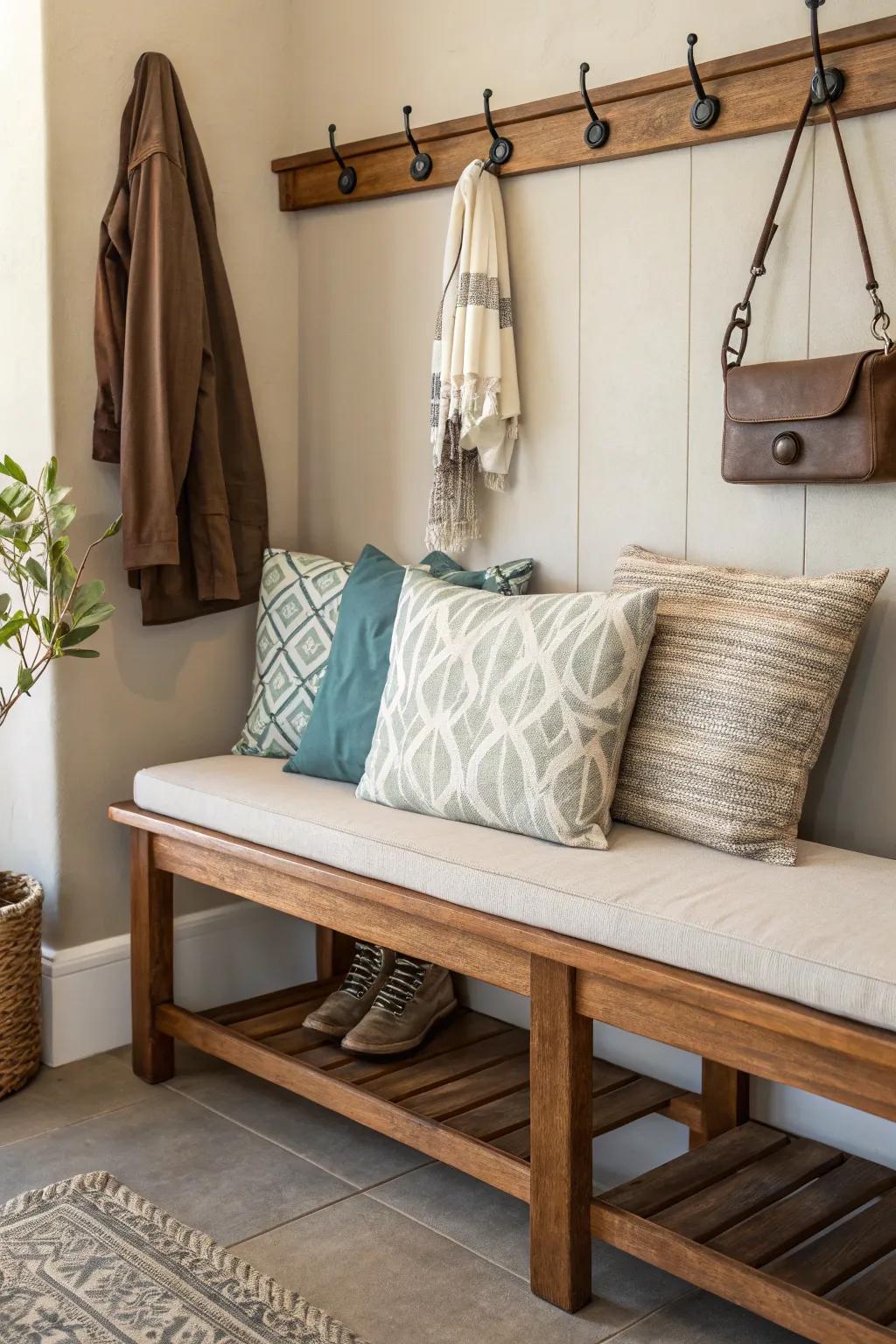 A bench with cushions creates a cozy drop zone.