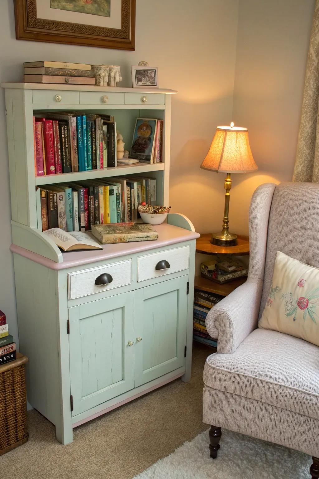 A vintage dry sink painted in pastels, perfect for a reading corner.