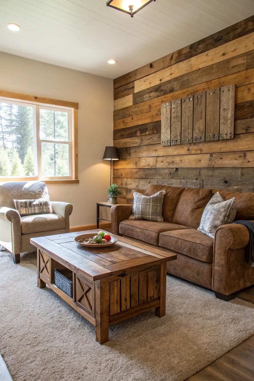 Living room featuring reclaimed wood furniture and an accent wall.