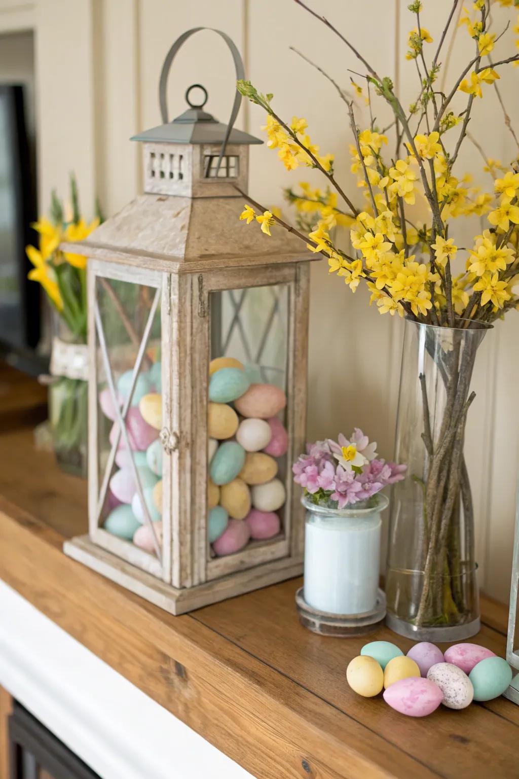 A classic touch with pastel Easter eggs in a lantern.