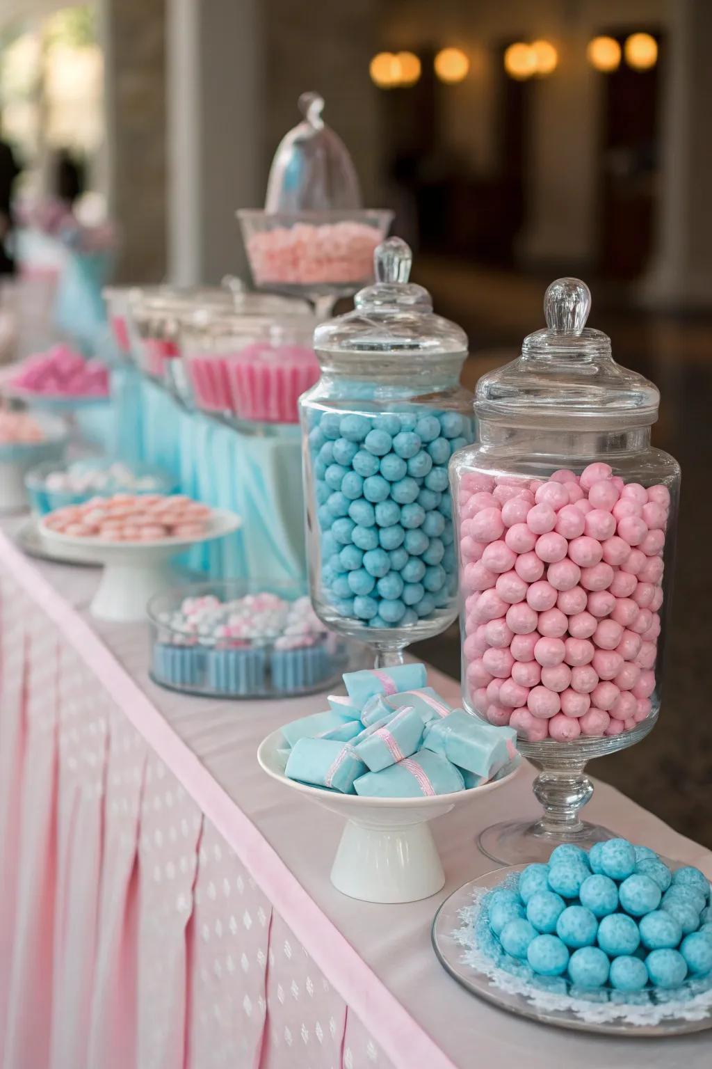 A pastel-colored candy buffet perfect for a baby shower.