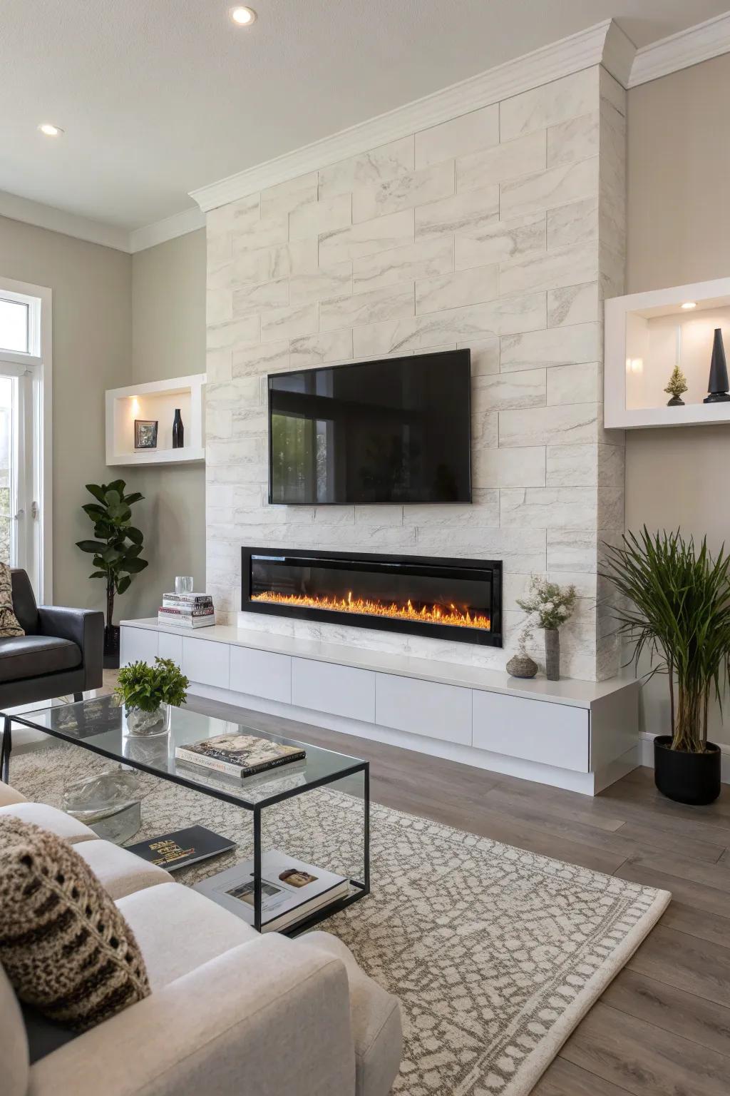 A sleek wall-mounted electric fireplace adds elegance to a modern living room.