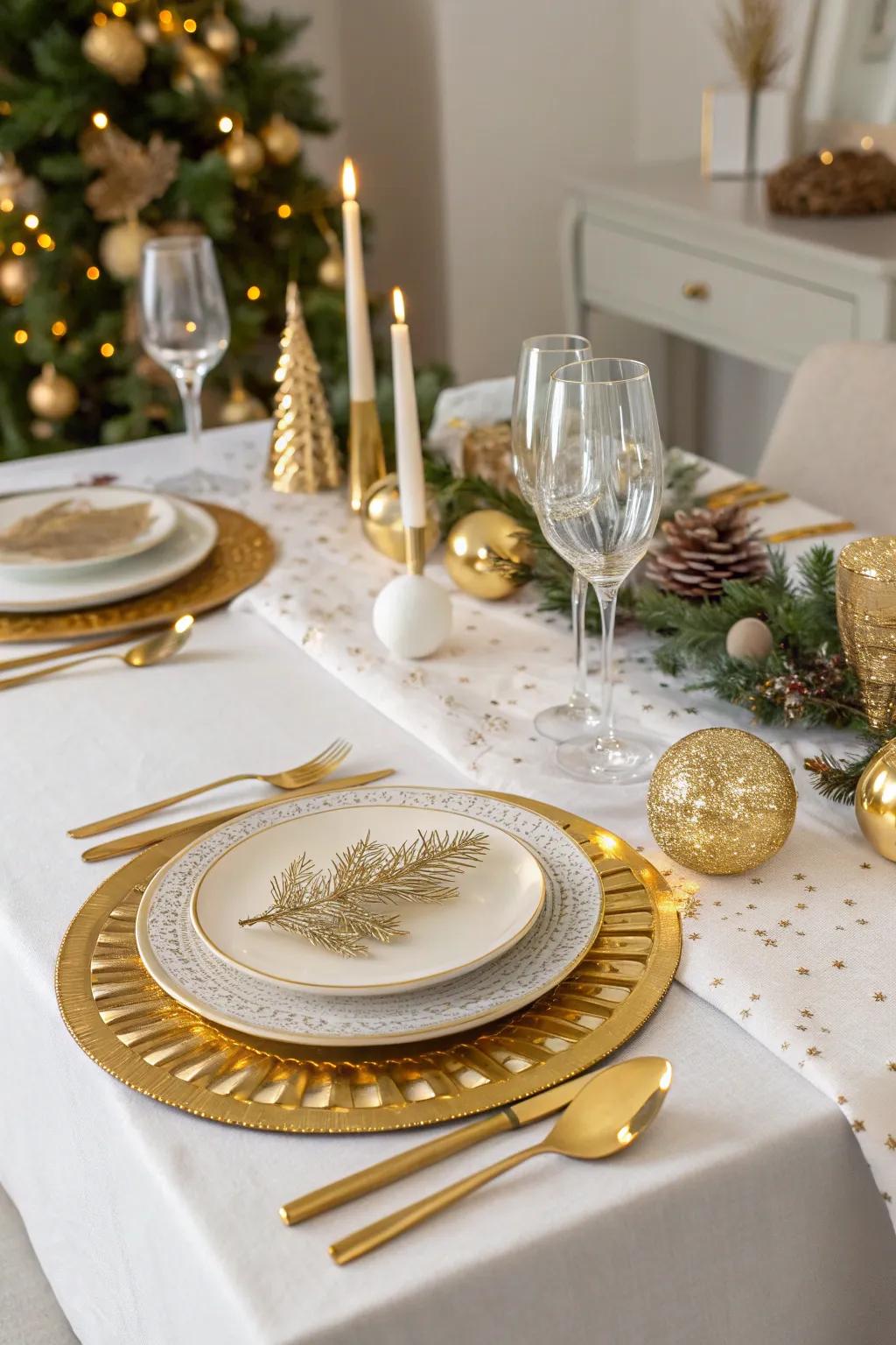 Gold and metallic accents elevate the table setting