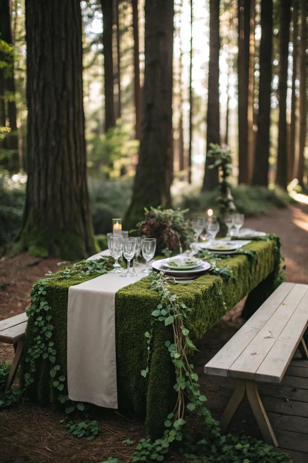 Lush greenery drapes over tables, creating a forest floor effect for your party.