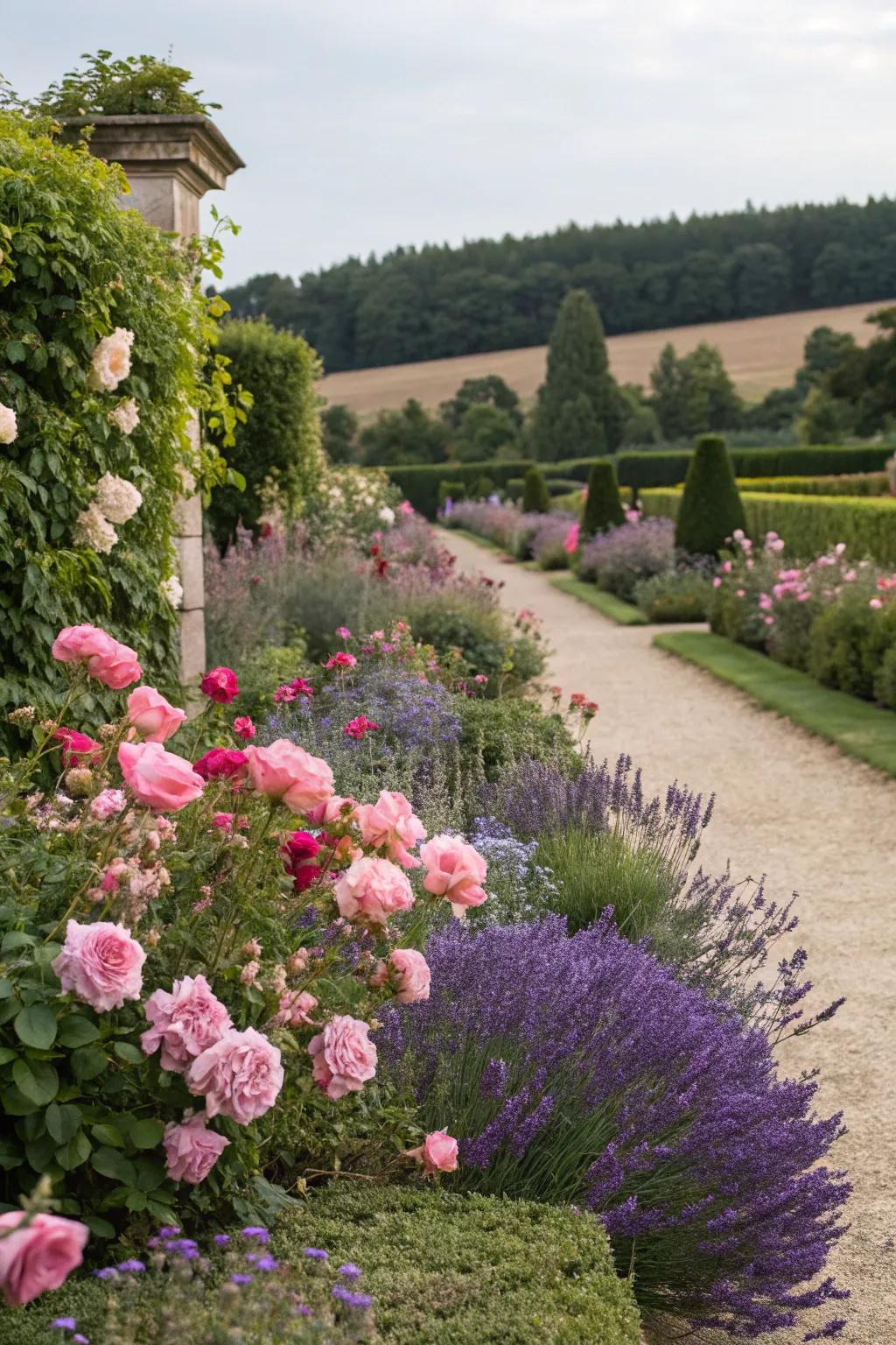 Vibrant floral borders frame a charming tea garden.