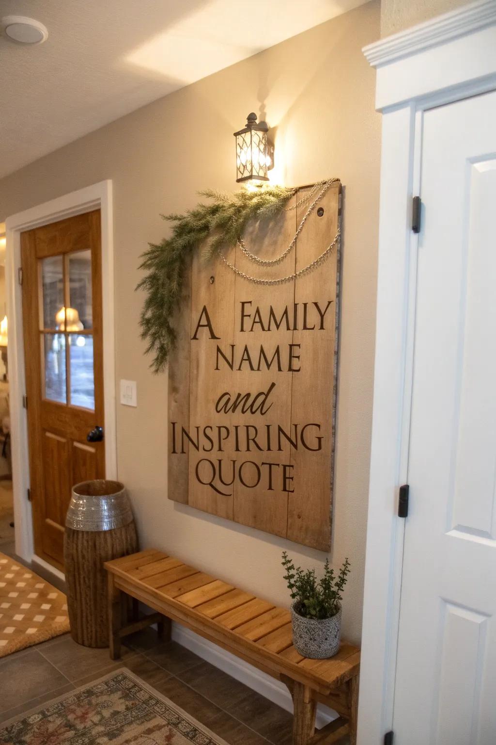 A wooden plaque engraved with a family name adds warmth and personality to an entryway.