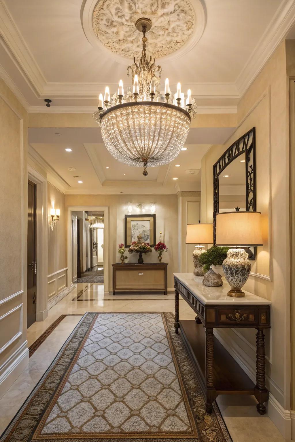 A grand chandelier makes a bold statement in this entry hallway.