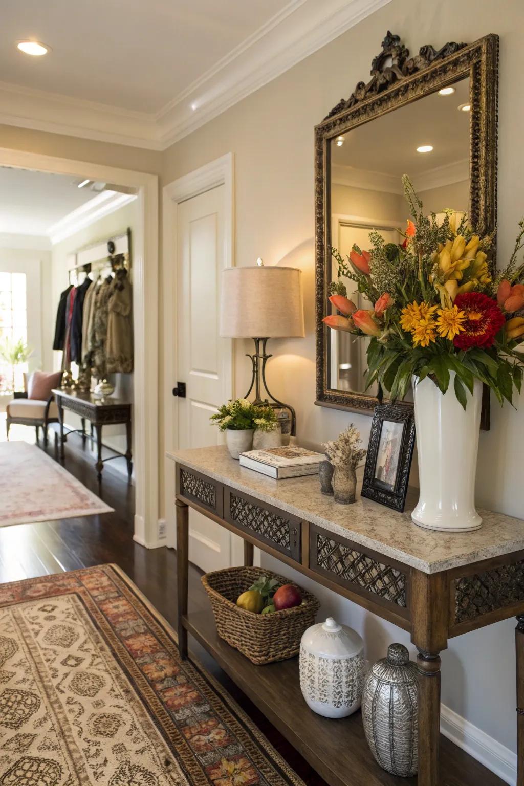 A console table adorned with flowers adds elegance and functionality.