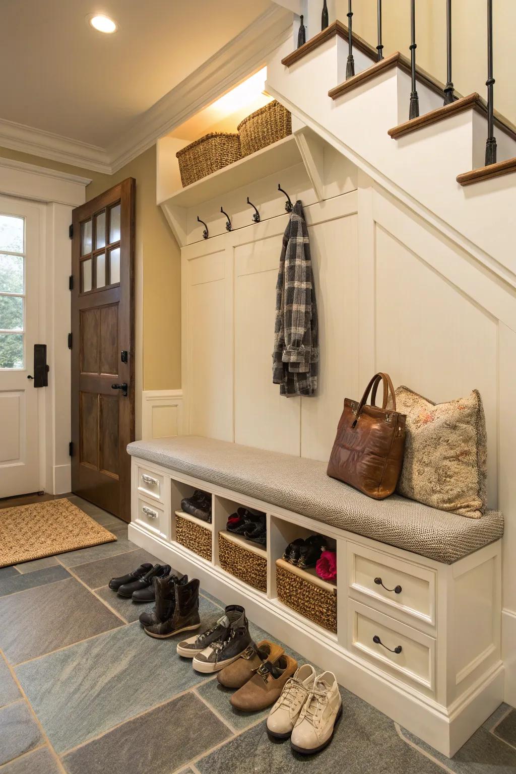 A chic entryway bench with hidden storage compartments, perfect for organizing shoes.